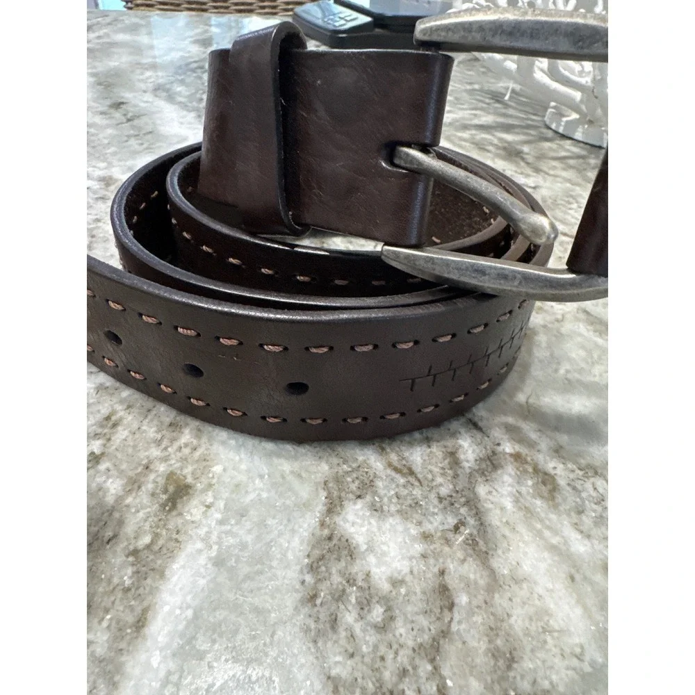 men's dark brown leather Orvis belt thick, rugged‎ strap accent stitch rows 44